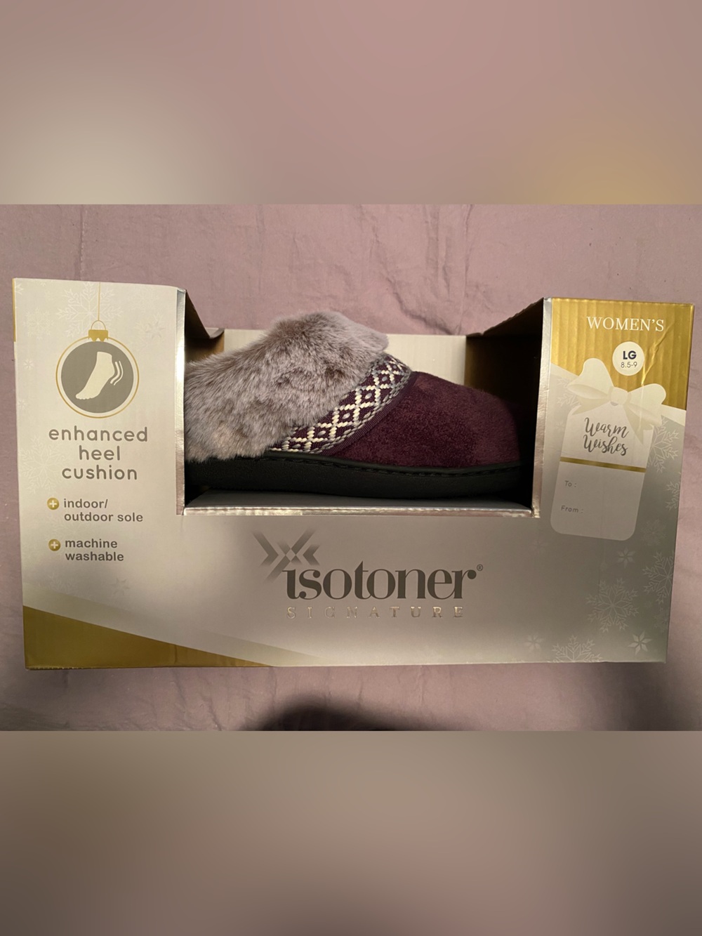 NWT isotoner Women's Plum Faux-Fur Clog Slippers with Patterned Trim